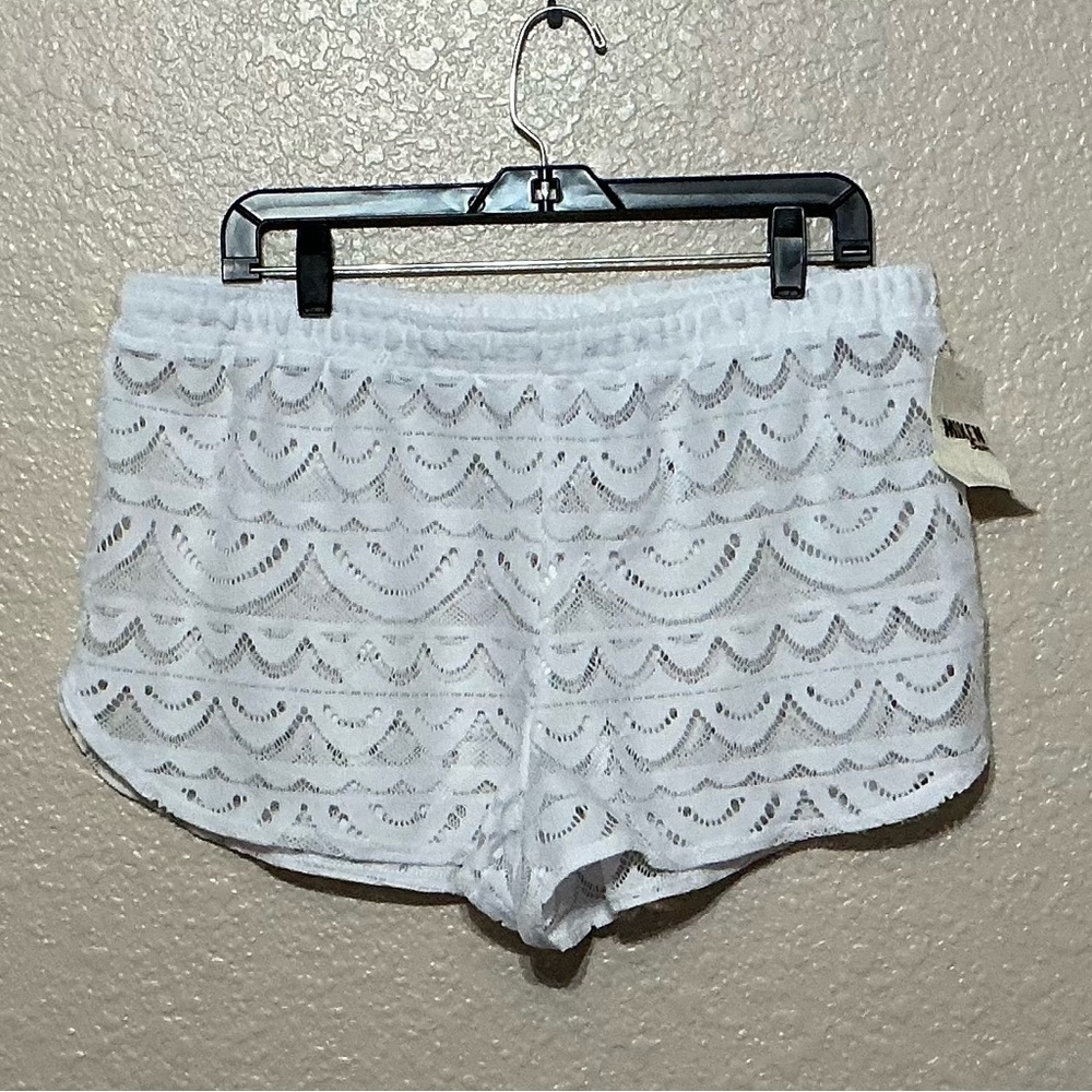Miken White Lace Curved Hem Cover-Up Shorts